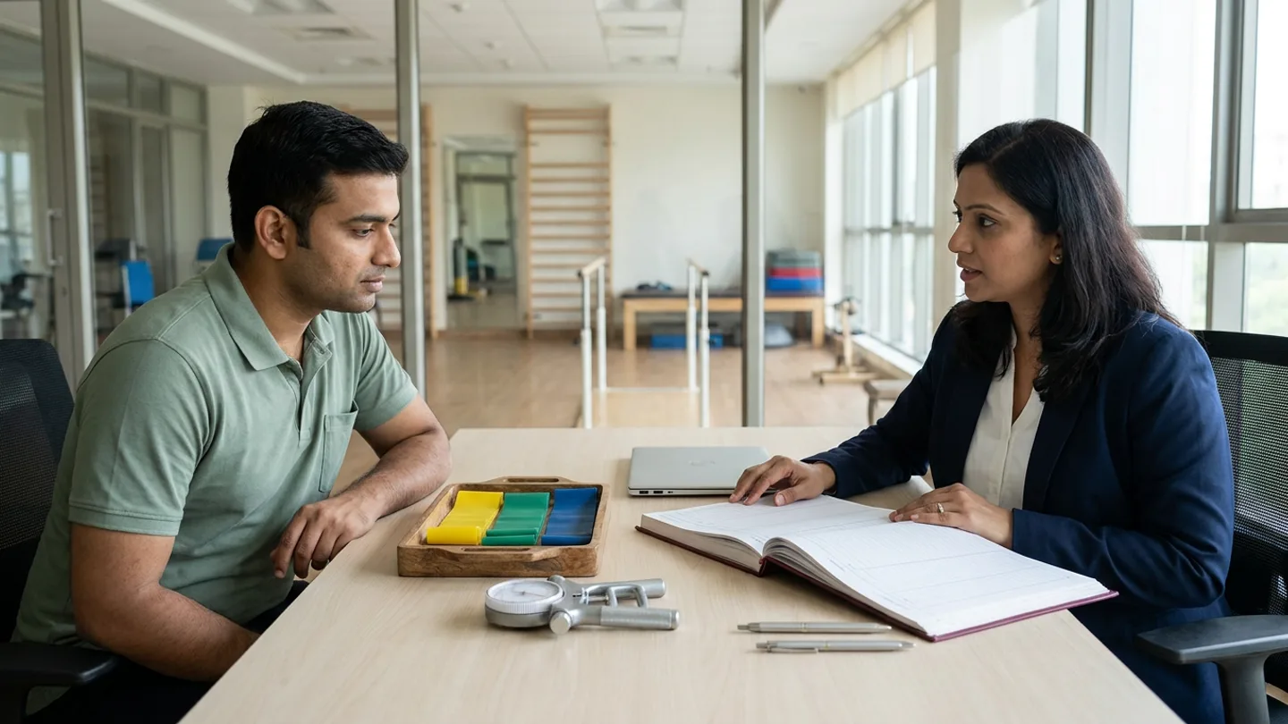 Indian male physiotherapy coordinator in a sage-green polo shirt and female rehabilitation package administrator in a navy-blue blazer over a white blouse seated at a light-ash timber desk with a glass partition overlooking a rehabilitation gym with parallel bars and wooden stall bars, reviewing an open burgundy session-package register alongside a wooden tray of yellow, green, and blue resistance bands, a steel hand-grip dynamometer, a closed silver laptop, and two pens.