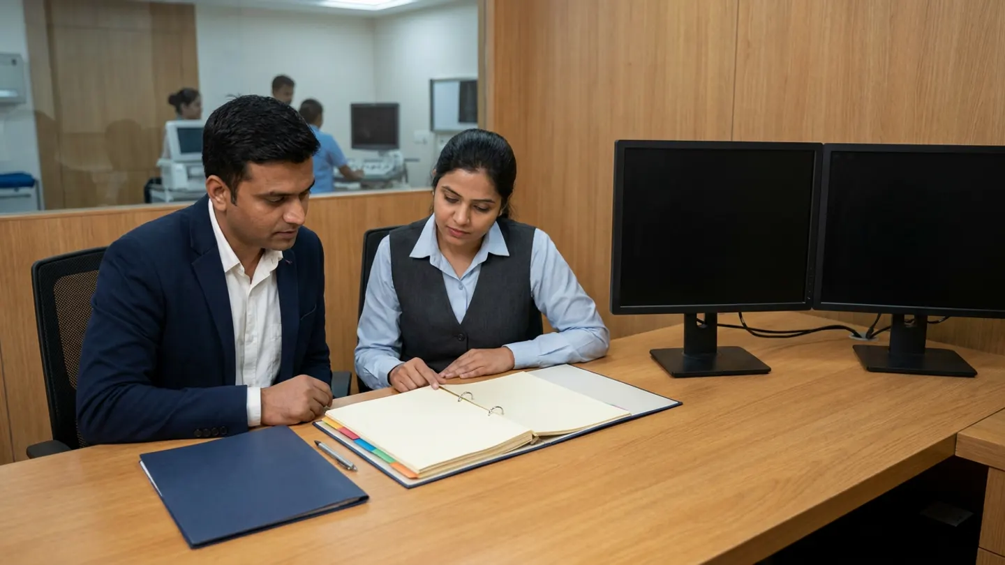 Indian male imaging informatics specialist in a navy blazer over a white shirt and female radiology operations coordinator in a charcoal waistcoat over a light-blue shirt seated at a warm oak technical desk beside a dual-head diagnostic workstation with dark unlit screens, reviewing an open interface acceptance test binder with colour-coded tabs alongside a navy folder and a silver pen.