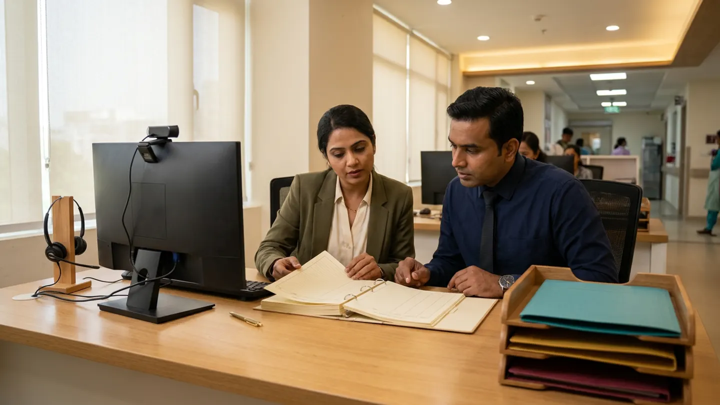 Indian female telehealth administration coordinator in an olive blazer over a cream blouse and male outpatient booking lead in a navy shirt with a dark tie seated at a light-oak desk beside a desktop monitor with a mounted webcam and a headset on a wooden stand, reviewing an open telehealth consultation routing ring binder alongside a tiered wooden tray holding teal, mustard, and burgundy folders and a brass pen.