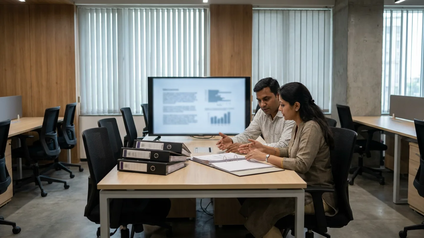 Two logistics finance and operations staff members reviewing a ring-bound customer service-rate contract and billing binders beside an out-of-focus terminal display in a daylight office.
