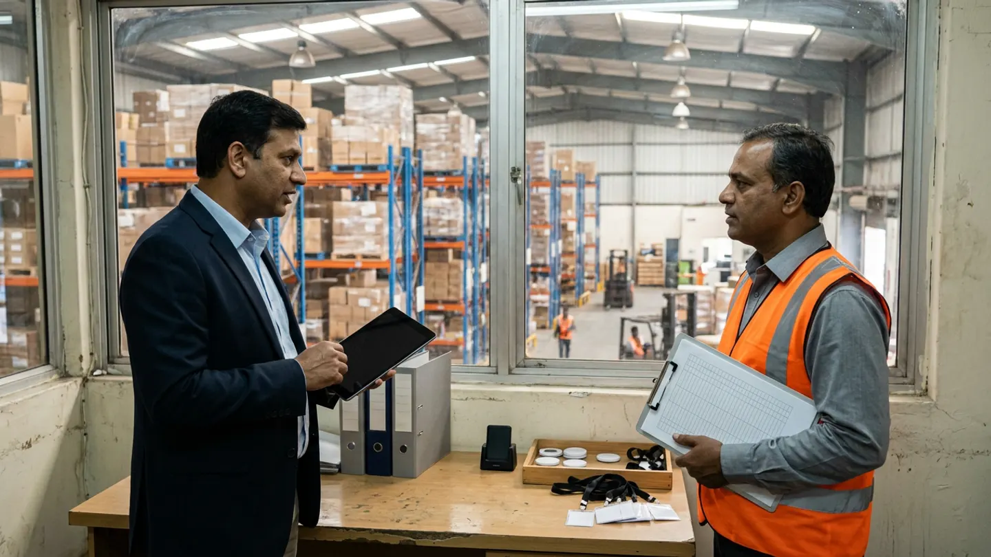 Two 3PL client-systems and warehouse security leads in a navy blazer and an orange reflective vest holding a black digital tablet and a ruled clipboard beside a wooden desk with grey and navy binders, a black card dock, and a wooden tray of white security tokens and blank badges on black lanyards overlooking warehouse pallet racking.