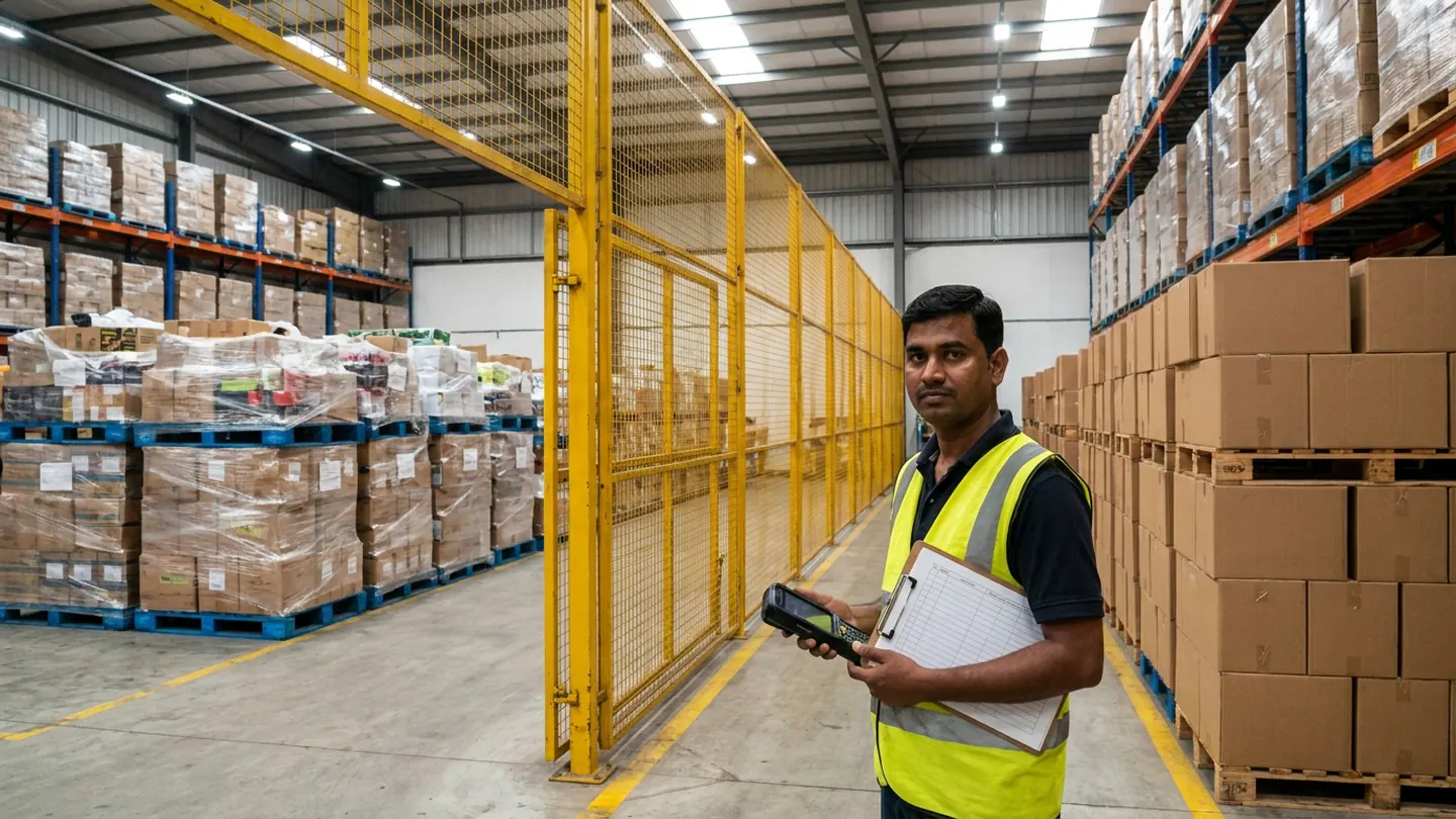 Warehouse inventory controller in a high-visibility vest standing at a yellow wire-mesh partition dividing blue polymer pallets from timber-pallet cartons, holding a handheld barcode terminal and a blank ruled clipboard.