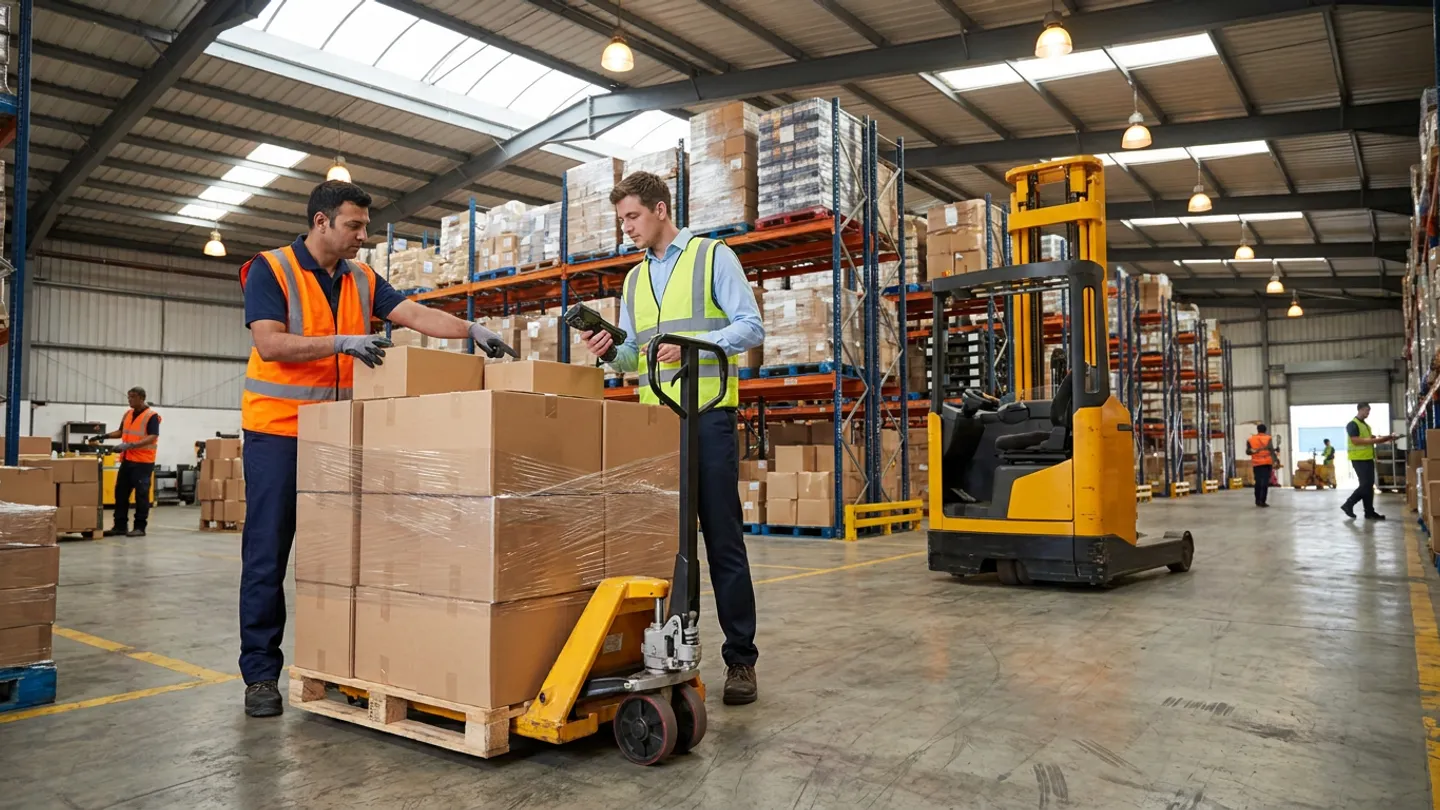 Warehouse supervisor in an orange vest pointing to cartons on a shrink-wrapped pallet on a yellow hand pallet jack, beside a coordinator holding a barcode scanner and a reach truck in the background aisle.