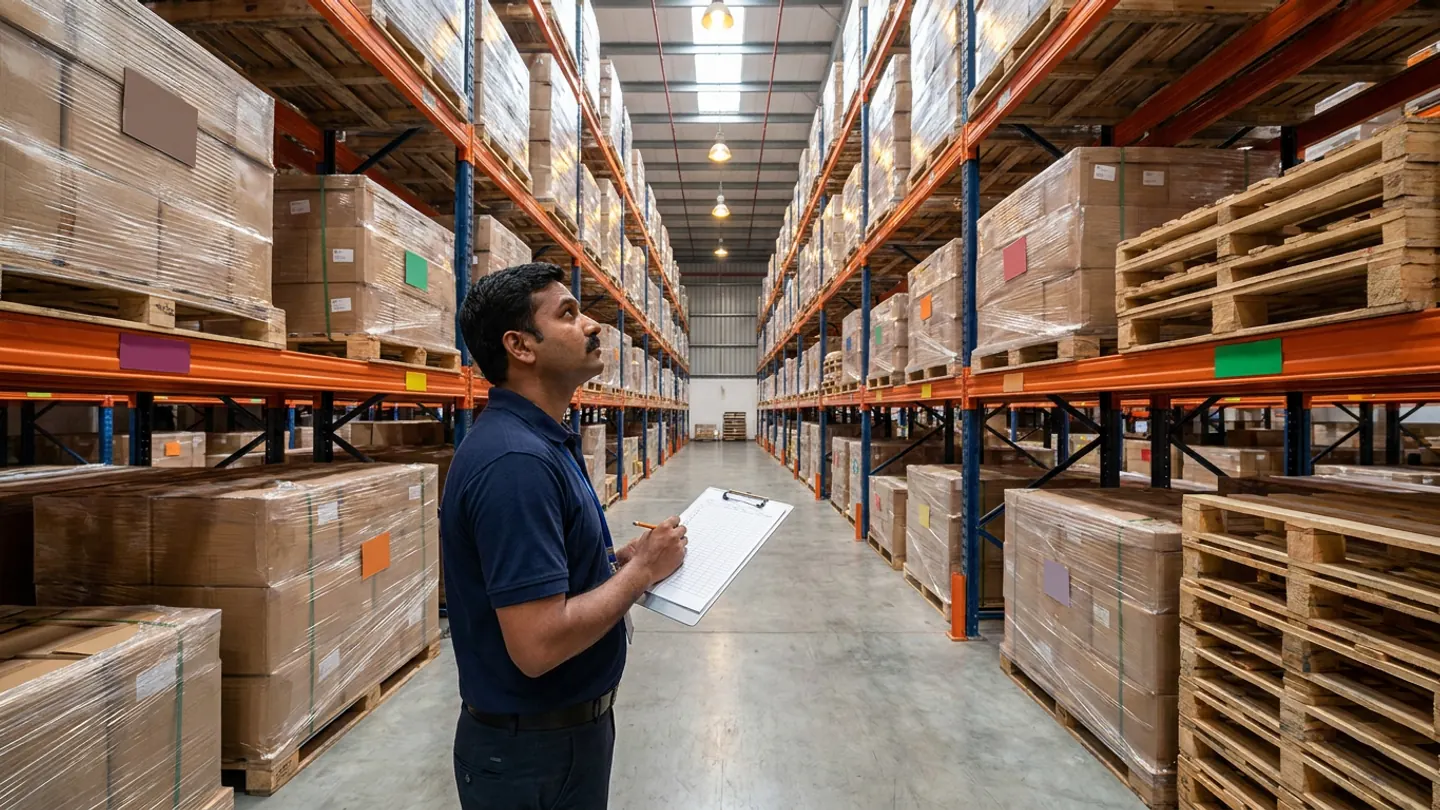 Warehouse coordinator holding a clipboard in a pallet-racking aisle beside shrink-wrapped cartons and stacked wooden pallets.