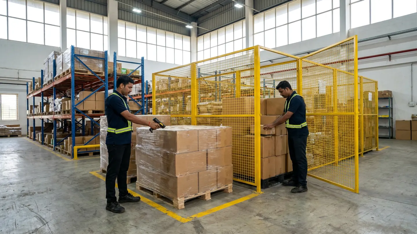 Two warehouse inventory controllers in safety vests reconciling physical stock across a yellow-painted floor staging pallet, selective pallet racking and an open yellow wire-mesh quarantine hold cage.