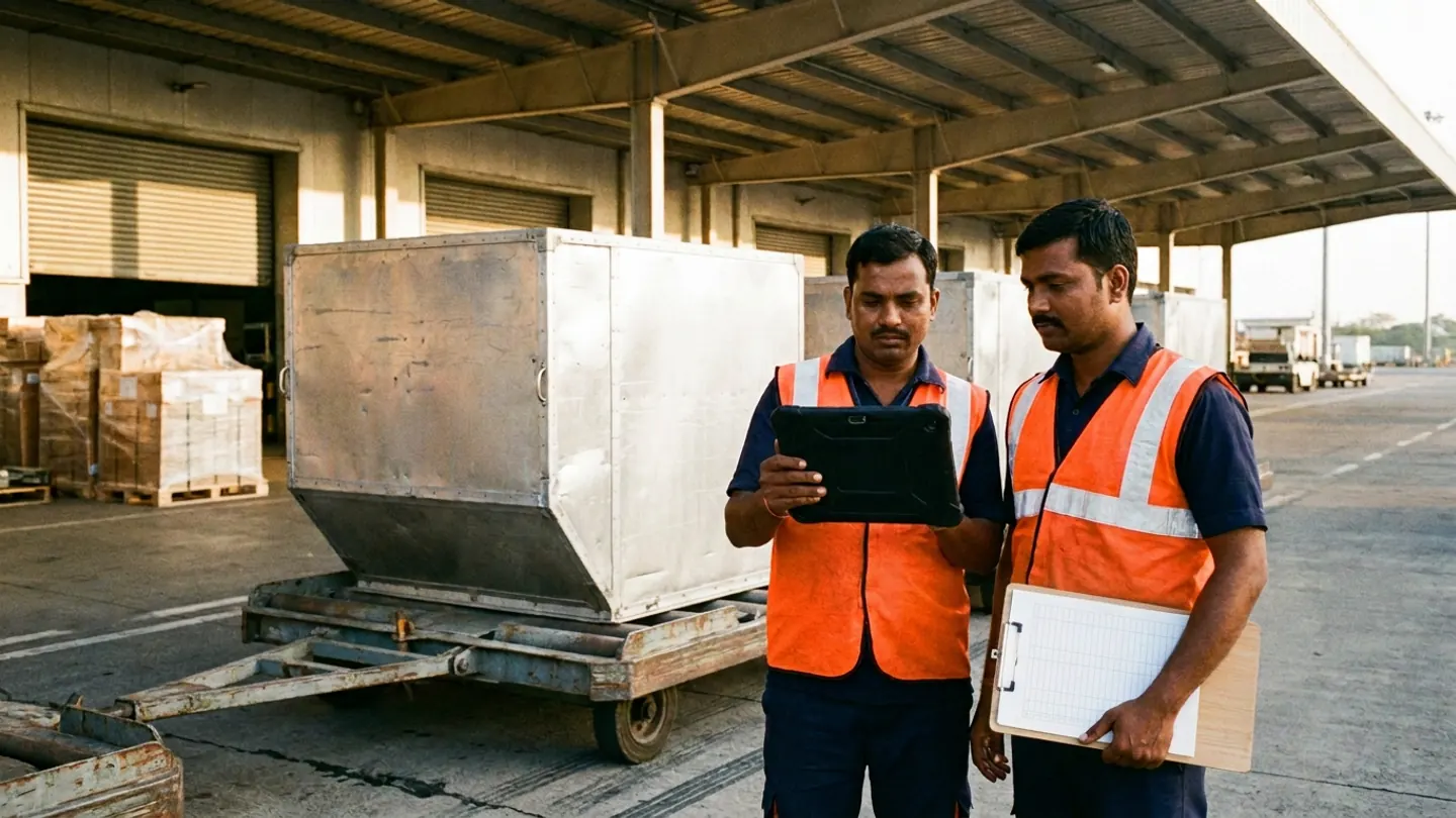 Two air-cargo coordinators in orange reflective vests holding a rugged tablet and a blank ruled clipboard beside brushed-aluminum ULD containers on cargo dollies under a terminal canopy.