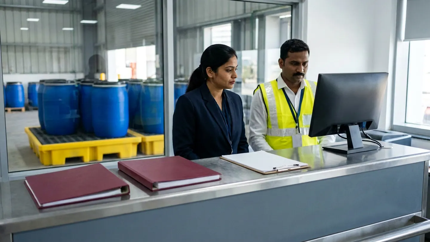 Two air-cargo compliance staff at a stainless-steel counter with two burgundy binders, a blank ruled clipboard and an angled monitor beside an interior window overlooking blue drums on yellow spill pallets.