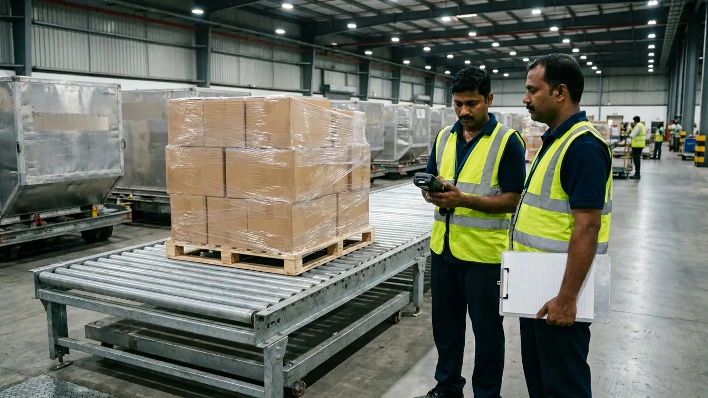 Two air-cargo terminal supervisors in yellow reflective vests holding a handheld barcode terminal and a blank ruled clipboard beside a steel roller conveyor holding a stretch-wrapped pallet of brown cartons and aluminum ULD containers.