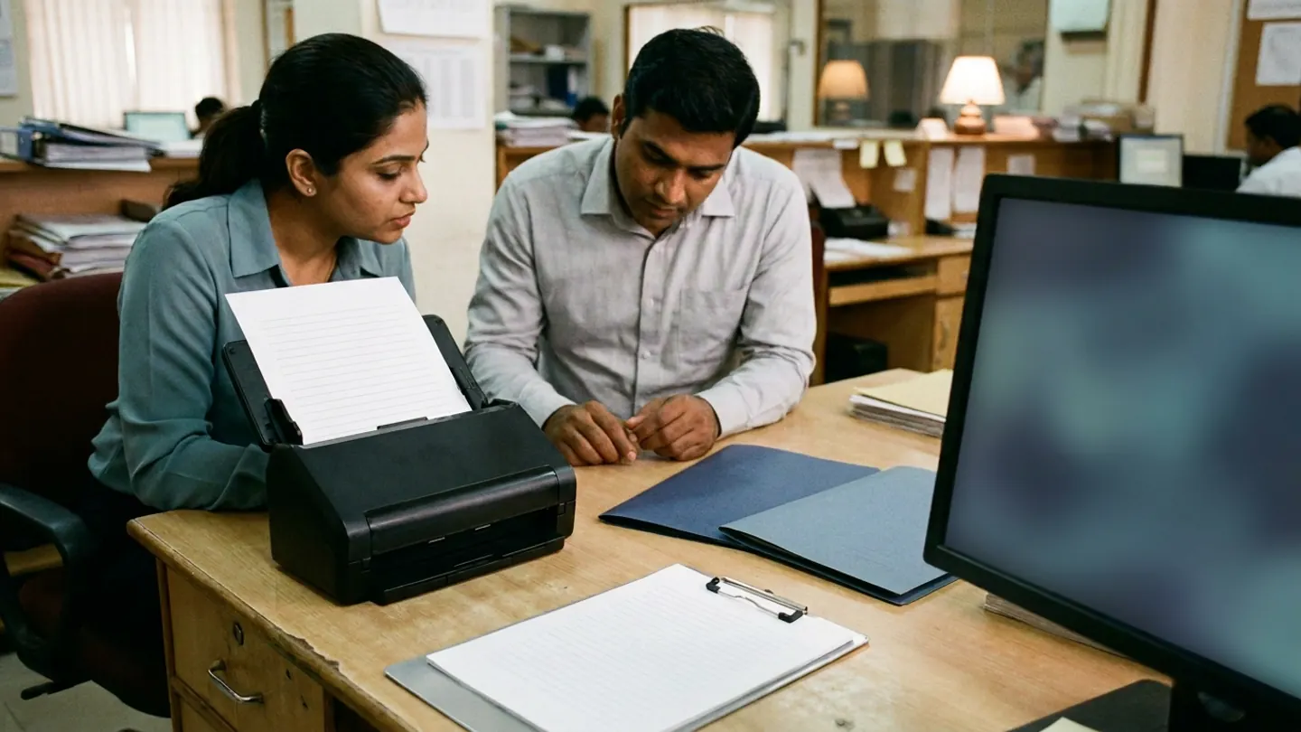 Two air-freight documentation staff at a wooden desk with a desktop document scanner holding a blank ruled sheet beside two blue folders, a blank ruled clipboard and an angled desktop monitor.
