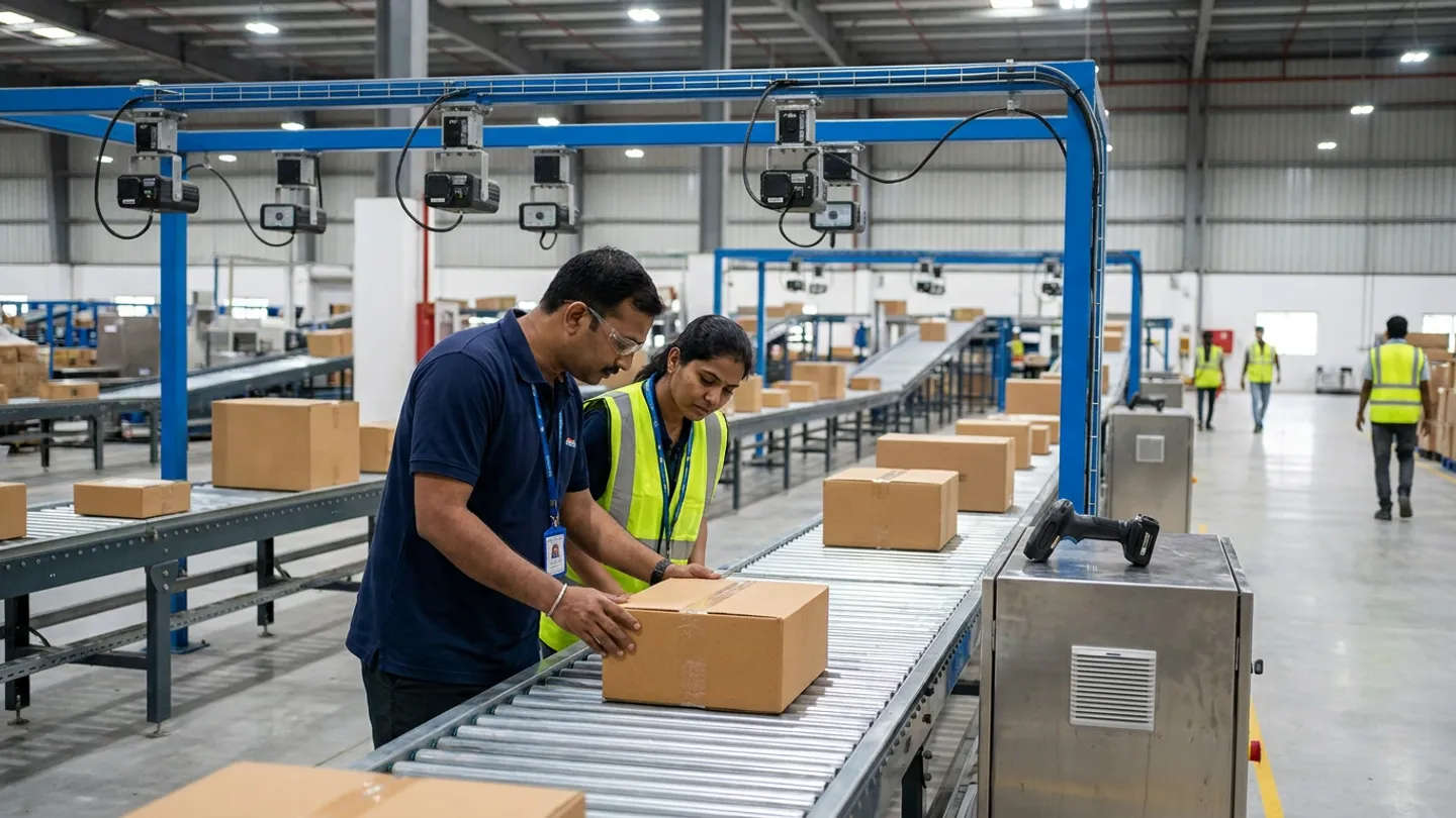 Two logistics systems engineers reviewing dual monitors at a warehouse IT operations desk overlooking a high-bay pallet racking floor.