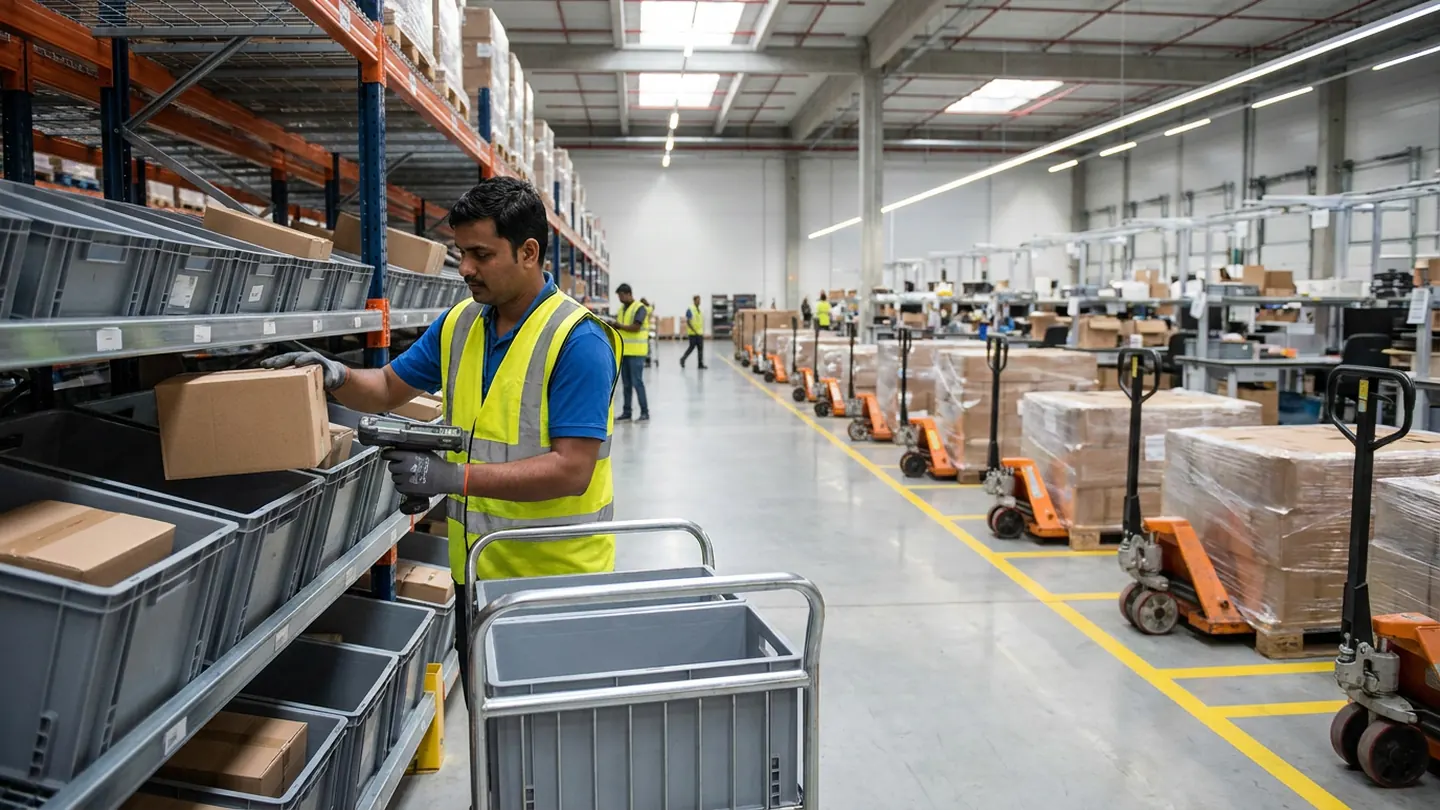 A warehouse picker in a high-visibility vest using a handheld barcode terminal and multi-tote cart along a flow rack beside staged pallet-jack loads in painted floor lanes.
