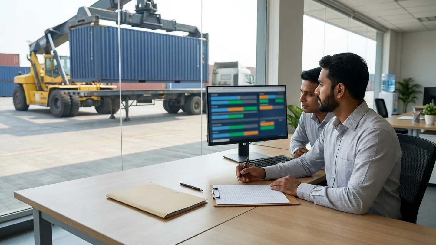 Two export documentation staff sitting at a wooden desk in a glass-walled office reviewing a blank ruled clipboard and a closed folder beside an out-of-focus monitor, with a yellow reach-stacker lifting a blue shipping container onto a trailer outside.