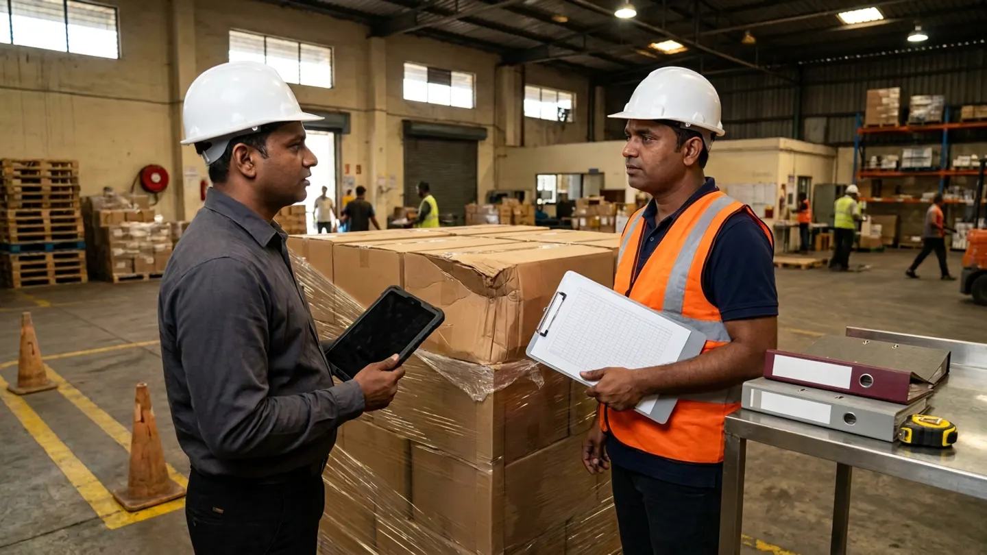 Two logistics claims and receiving quality leads in white hard hats, a charcoal shirt, and an orange reflective vest holding a black rugged digital tablet and a ruled clipboard beside a shrink-wrapped pallet of brown cartons with a dented corner box, a stainless-steel stand with burgundy and grey binders and a tape measure, and orange cones.