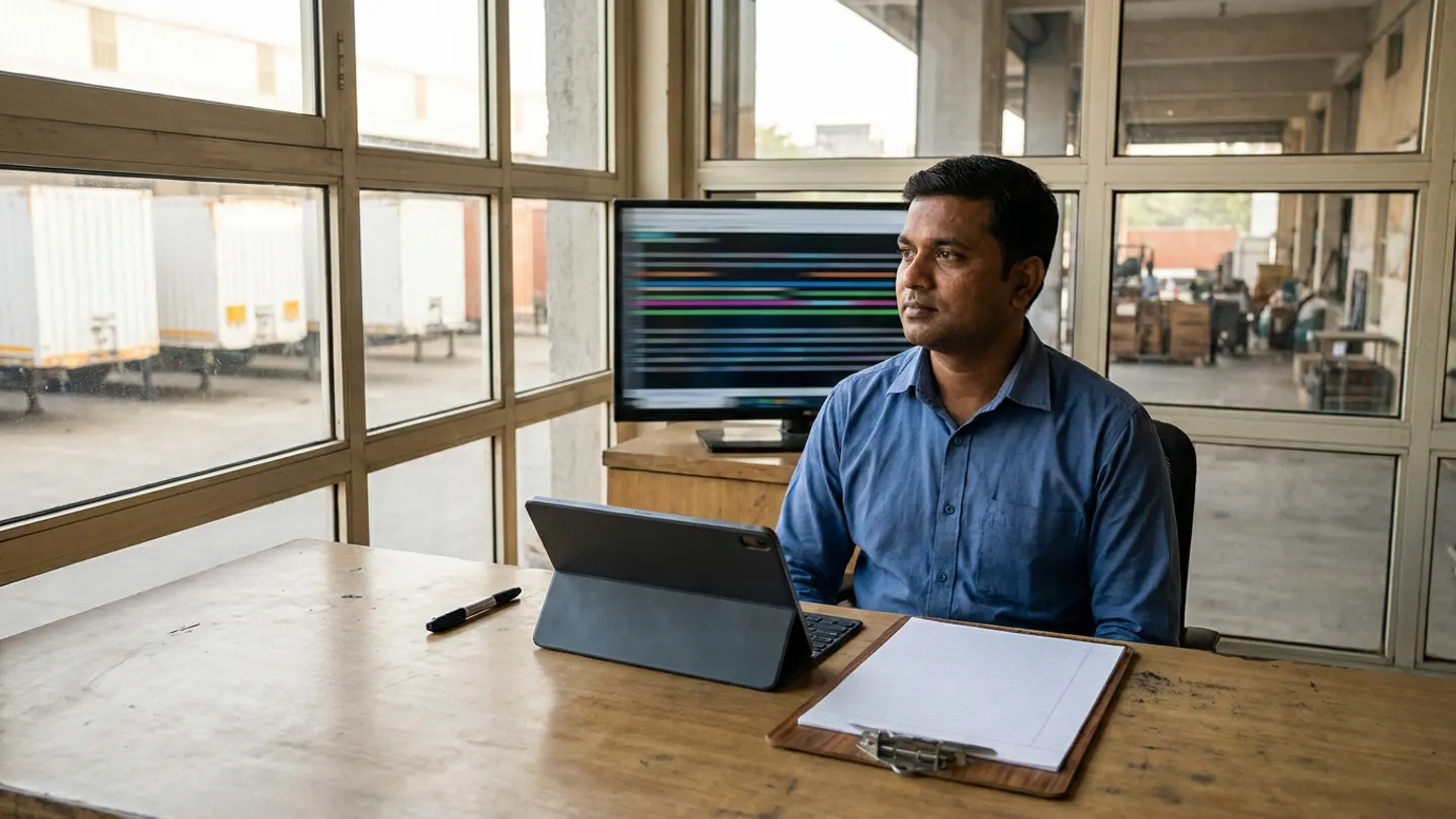 Transport operations coordinator sitting at a wooden desk with a tablet on a keyboard stand, a blank ruled clipboard, and a pen, with an out-of-focus monitor behind him and white freight trailers parked outside the window.