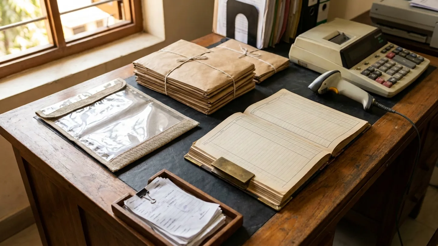 Finance-operations desk with an unbranded courier remittance pouch, bundled kraft dispatch packets, open ruled settlement register, desktop calculator, corded barcode scanner and clipped waybill slips in warm window daylight.