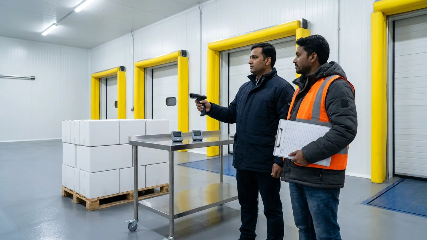 Two cold-chain staff in an insulated jacket and orange reflective vest holding a handheld barcode scanner and a ruled clipboard in a temperature-controlled dock vestibule beside a pallet of white insulated boxes and a stainless-steel cart holding two grey data-logger pods.