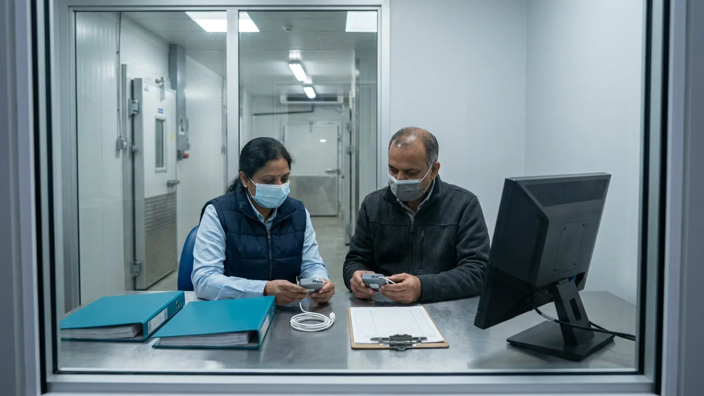 Two cold-chain quality specialists in face masks at a stainless-steel table examining two grey wireless temperature sensor loggers with a coiled white probe cable beside two teal binders, a ruled clipboard, and an angled monitor in front of an insulated cold-room corridor.