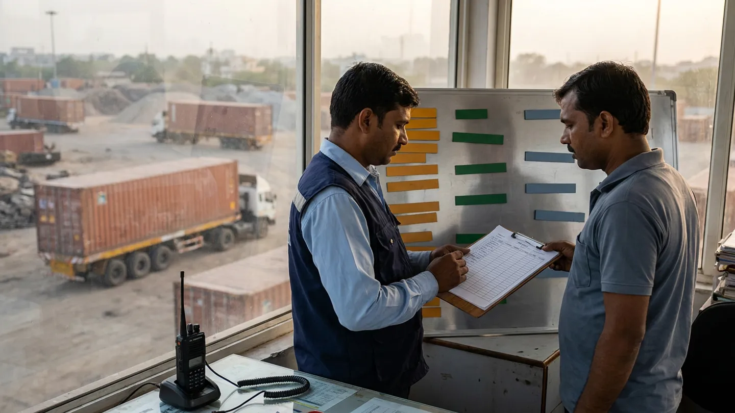 Import-export dispatch coordinator at a container terminal gatehouse desk reviewing container milestone exception bars on a monitor while a container truck passes the weighbridge outside.