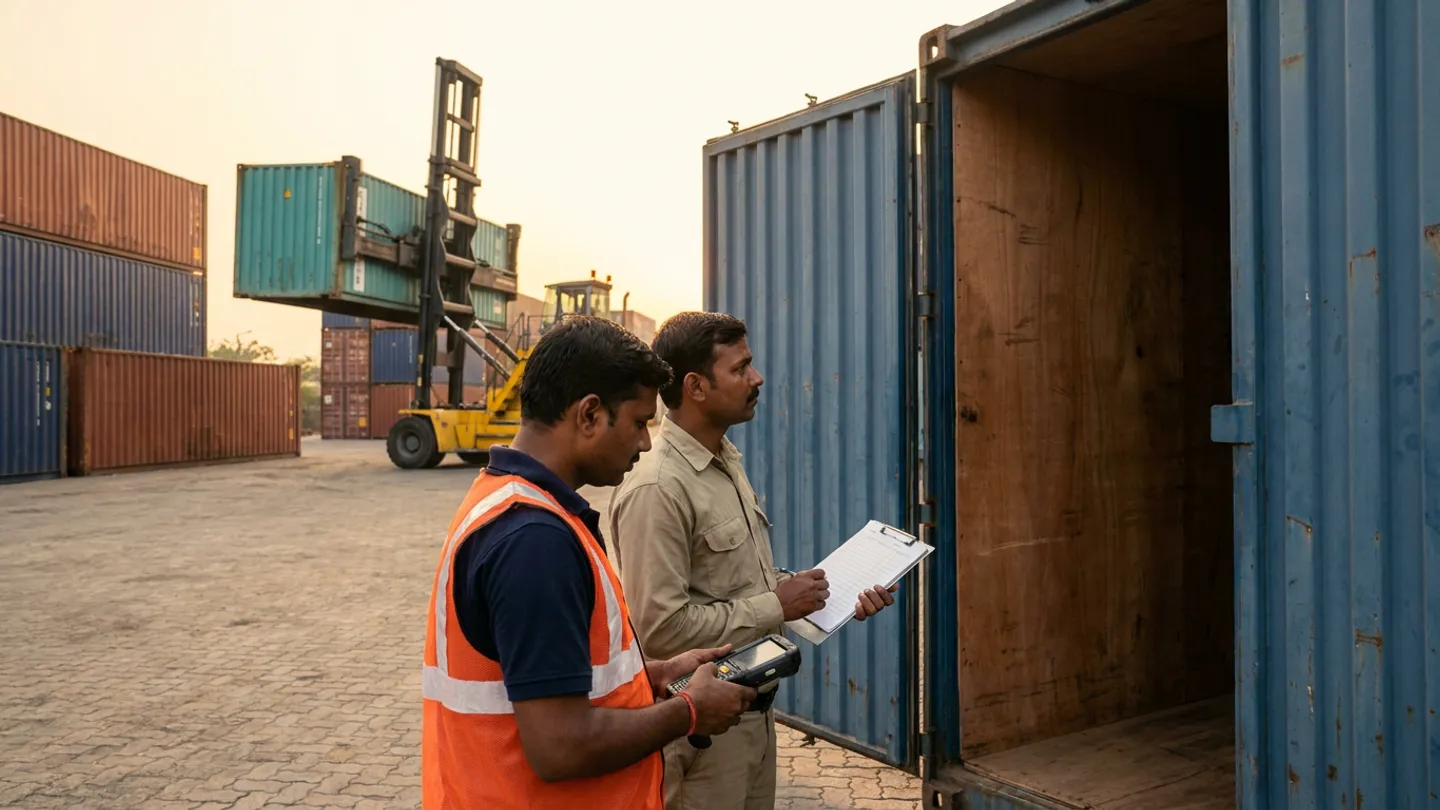 Port operations coordinator in a white hard hat and high-visibility vest holding a rugged tablet at an Indian container yard overlooking stacked shipping containers and a reach stacker.