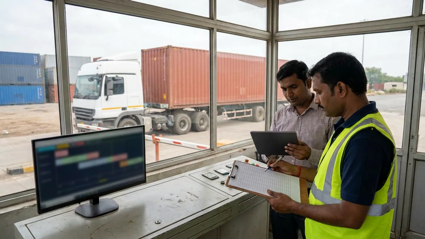 Two container operations staff standing at a metal console in an elevated gatehouse holding a tablet and a blank ruled clipboard beside an out-of-focus monitor, overlooking a white truck carrying a terracotta shipping container past a gate barrier.