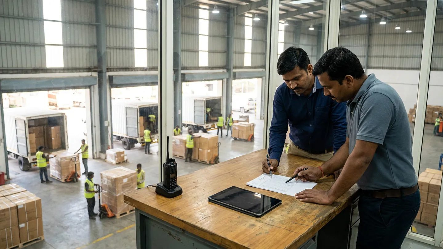 Two supply chain coordinators reviewing a physical transport schedule and dual monitors at an elevated glass-walled mezzanine desk overlooking a distribution centre floor.