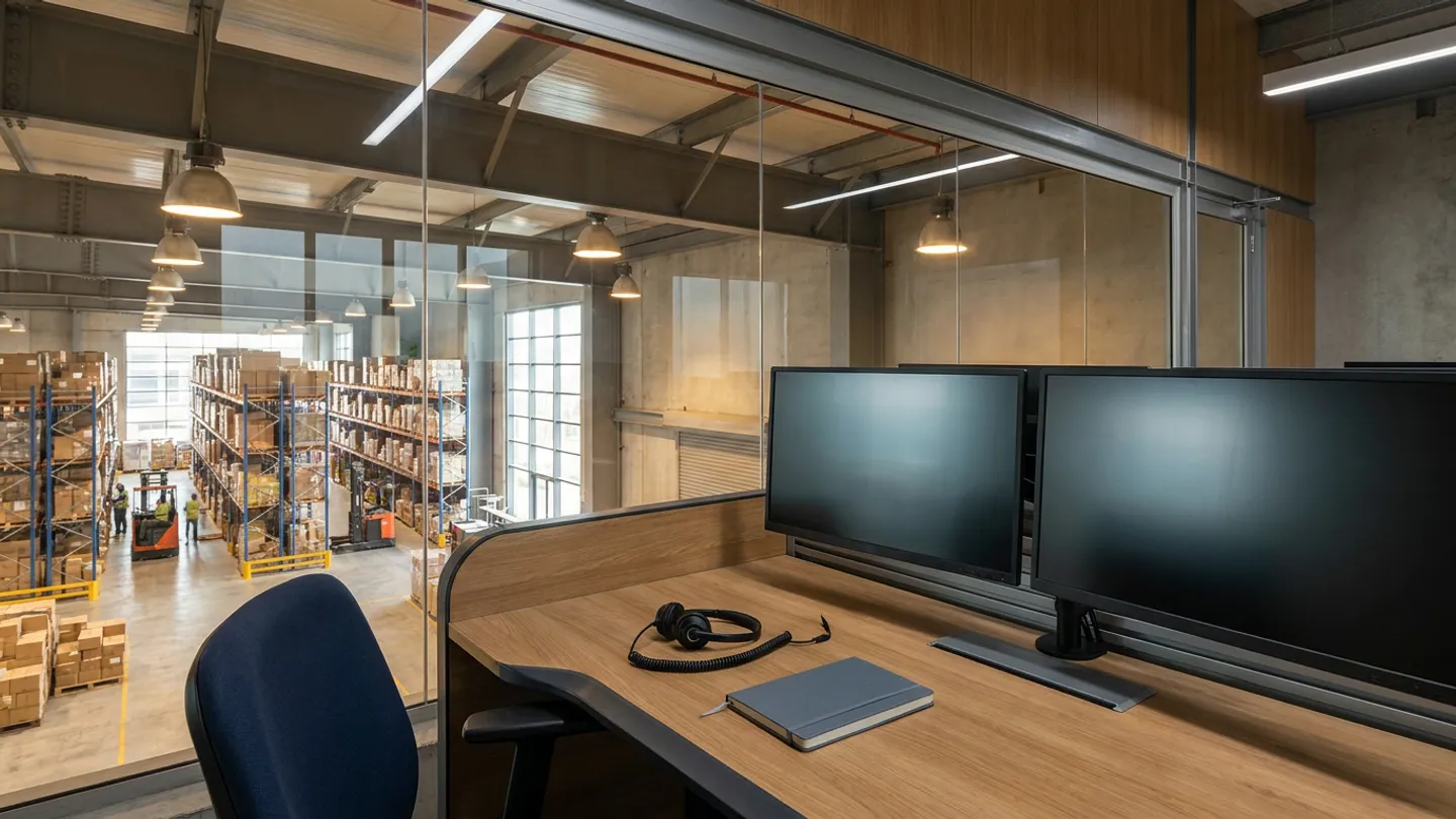 Mezzanine operations desk with dual monitors, a coiled headset and a notebook overlooking a warehouse floor with pallet racking through an interior glass partition.