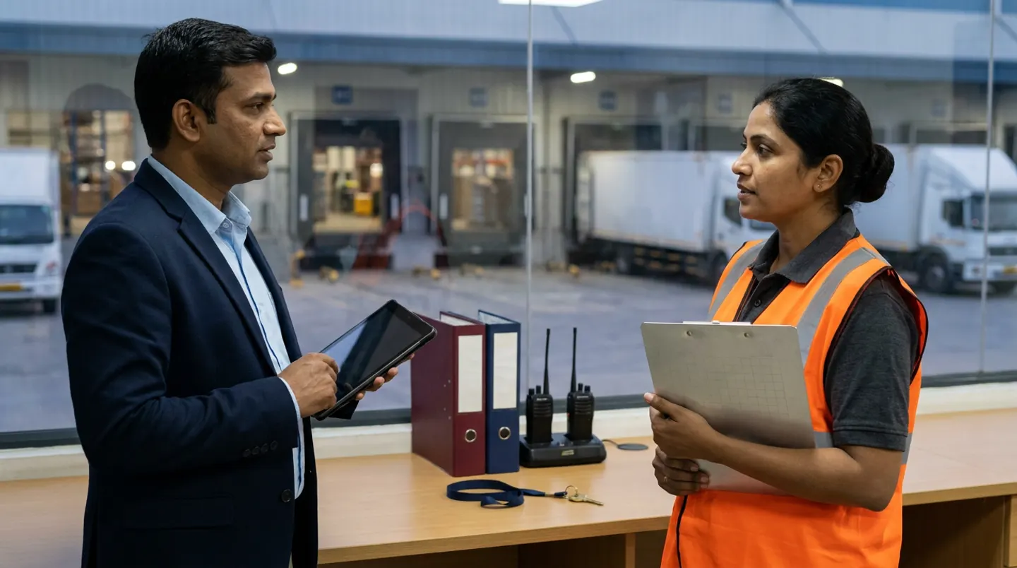 Two logistics control-tower shift leads in a navy blazer and an orange reflective vest holding a black digital tablet and a ruled clipboard beside a wooden console desk with burgundy and navy binders, two black two-way radios in a charging dock, and a navy key lanyard overlooking white commercial box trucks and loading bays.