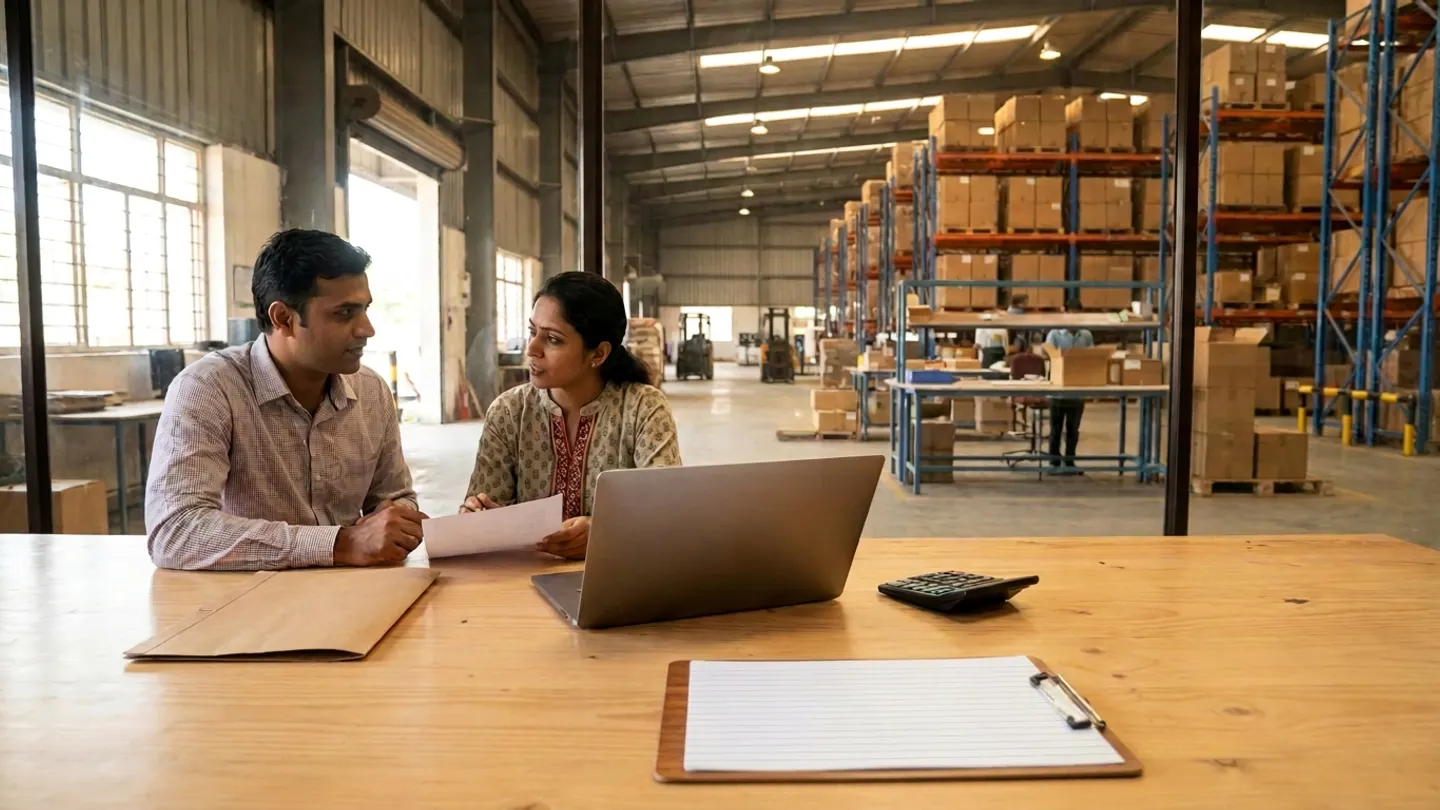 Two operations and finance staff sitting at a wooden table with a laptop, a kraft folder, a desktop calculator, and a blank ruled clipboard, overlooking a warehouse floor with packing benches and pallet racking.