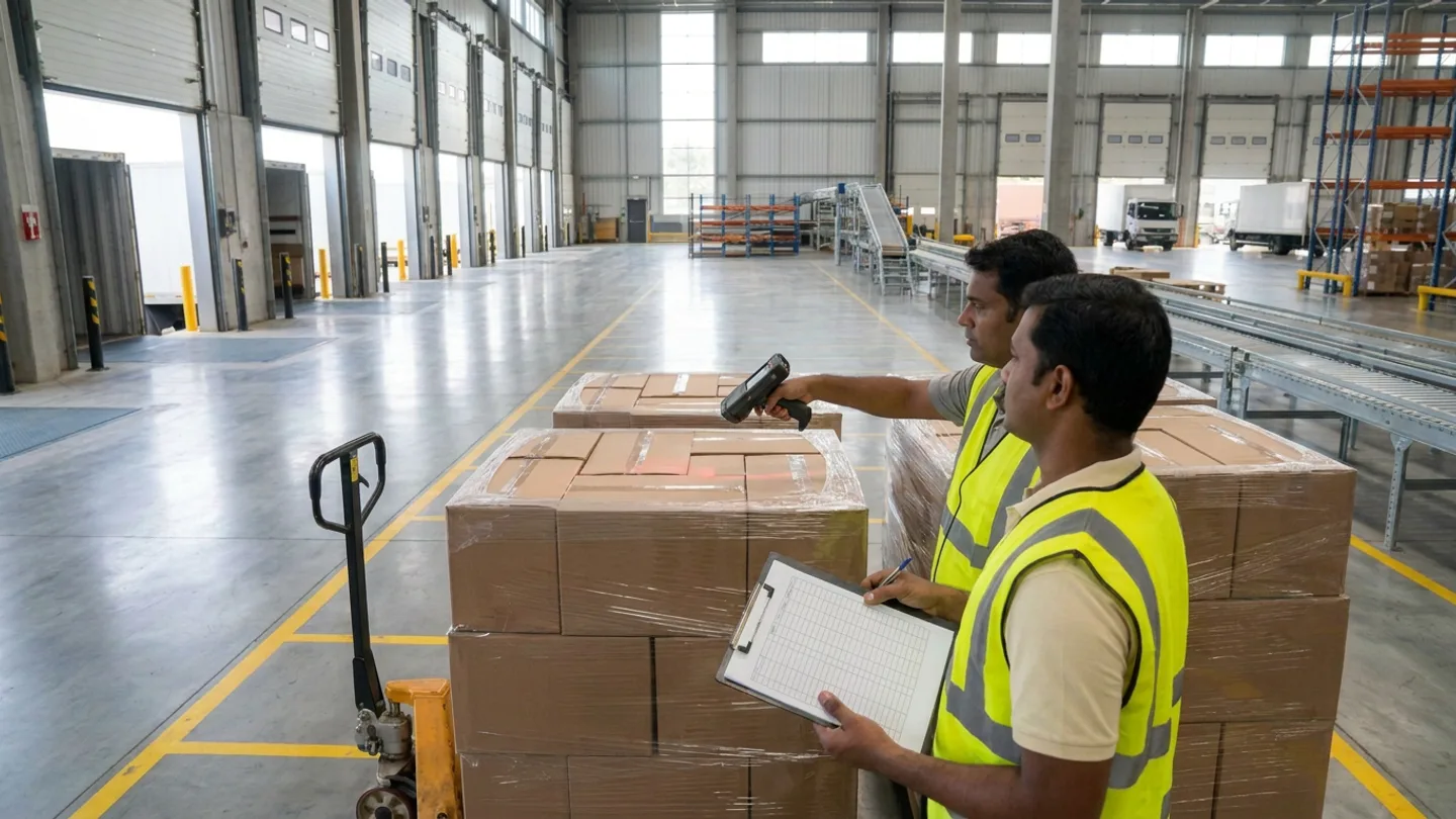 Cross-dock supervisor holding a blank ruled clipboard alongside a receiving associate aiming a barcode scanner at a brown carton pallet beside a manual pallet jack and roller conveyor between dock doors.