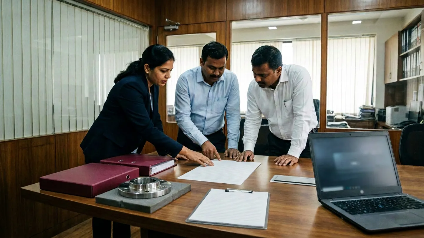Three trade-compliance staff around a wooden table reviewing a blank ruled sheet beside two burgundy binders, a steel flange sample, a blank ruled clipboard and a blurred laptop.
