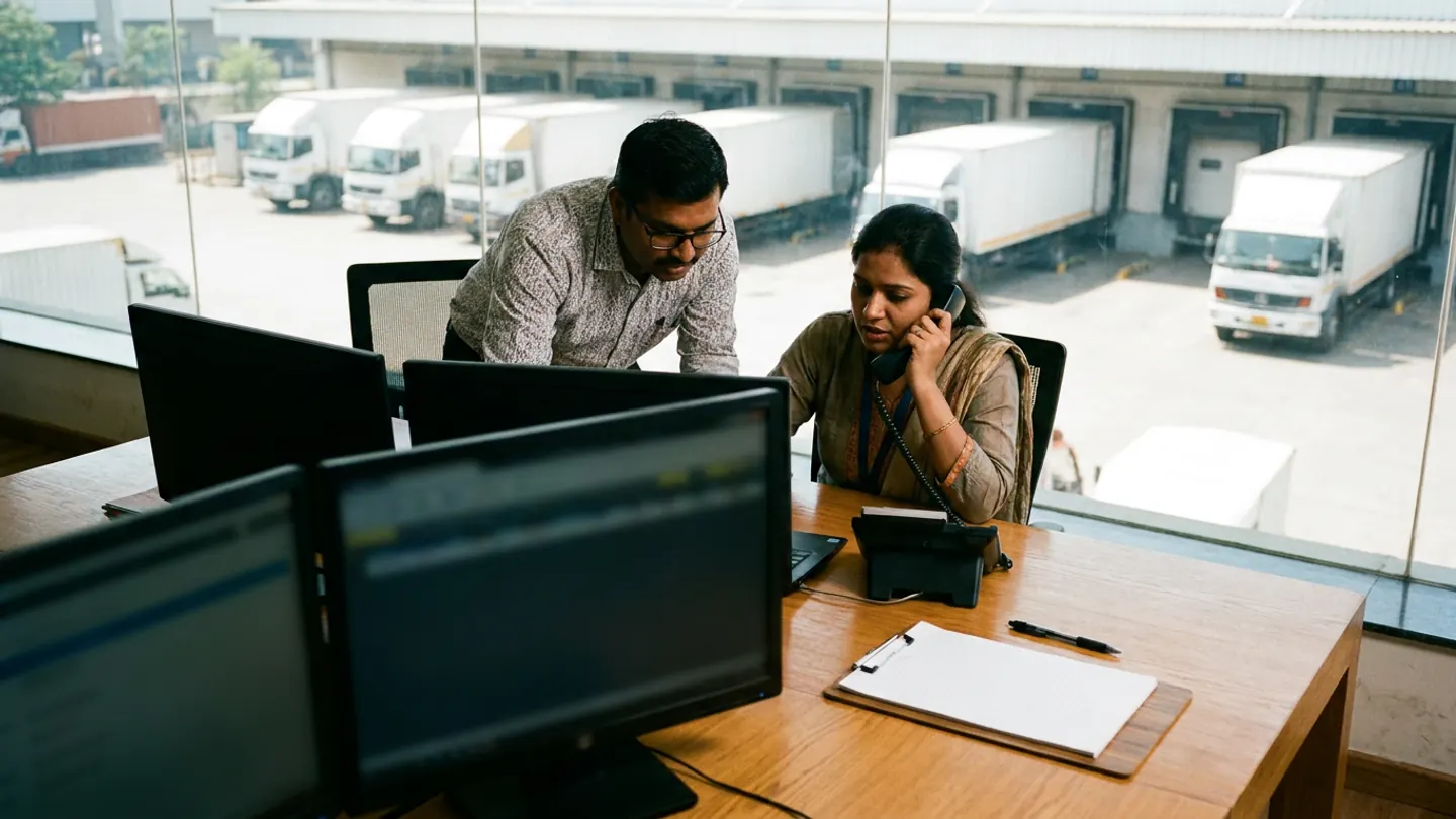 Two logistics coordinators at a control-tower desk with blurred monitors, a desk phone and a blank ruled clipboard overlooking a yard with white box trucks and loading bays.