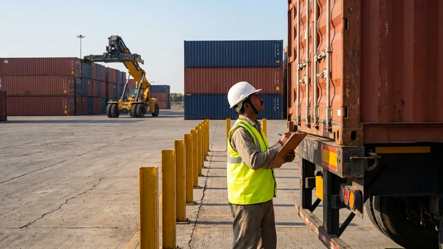 Logistics coordinator in a white hard hat and high-visibility vest holding a wooden clipboard beside the locking bars of an unbranded rust-red shipping container on a trailer chassis, with a reach stacker and container stacks in the background yard.