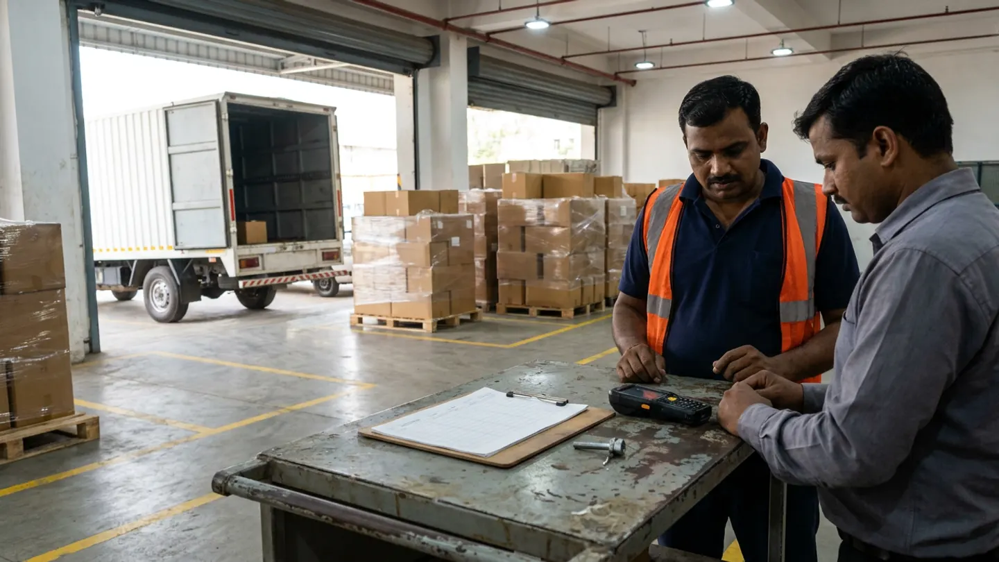 Two warehouse dispatch staff standing at a mobile metal work trolley reviewing a blank ruled clipboard beside a handheld barcode terminal and a metal bolt seal, with wrapped pallets of brown cartons staged inside yellow floor markings in front of an open loading bay and white box truck.
