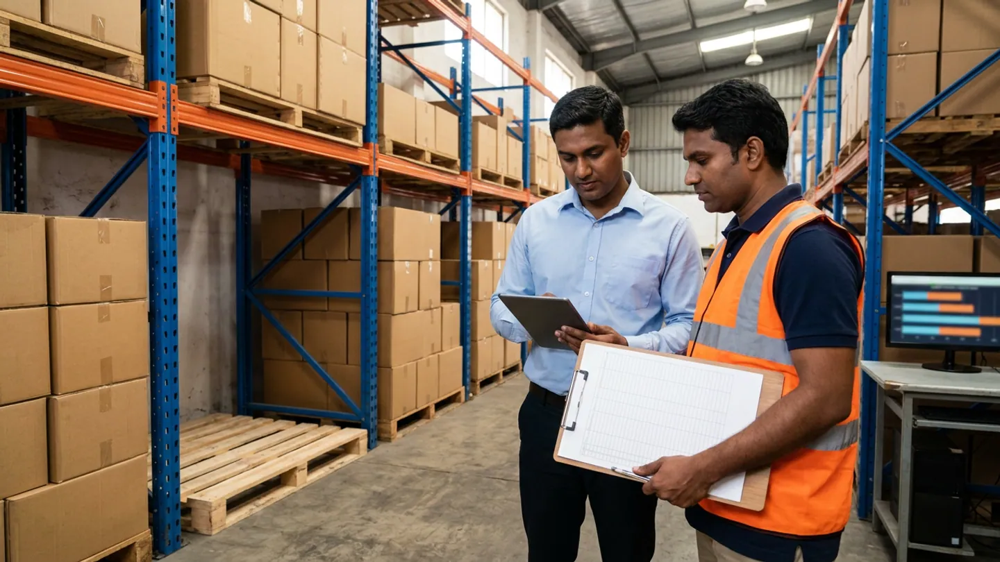 Two inventory planners standing in a pallet-racking aisle beside an empty lower wooden pallet position and adjacent bays of brown cartons, one holding a tablet and the other in an orange reflective vest holding a blank ruled clipboard.