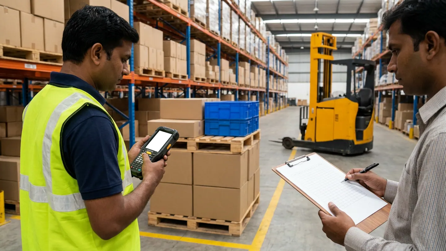 Two replenishment planners standing beside a yellow-lined floor buffer zone holding palletised brown cartons and blue plastic crates, one in a yellow reflective vest holding a handheld barcode terminal and the other holding a blank ruled clipboard, with a yellow reach truck behind them.
