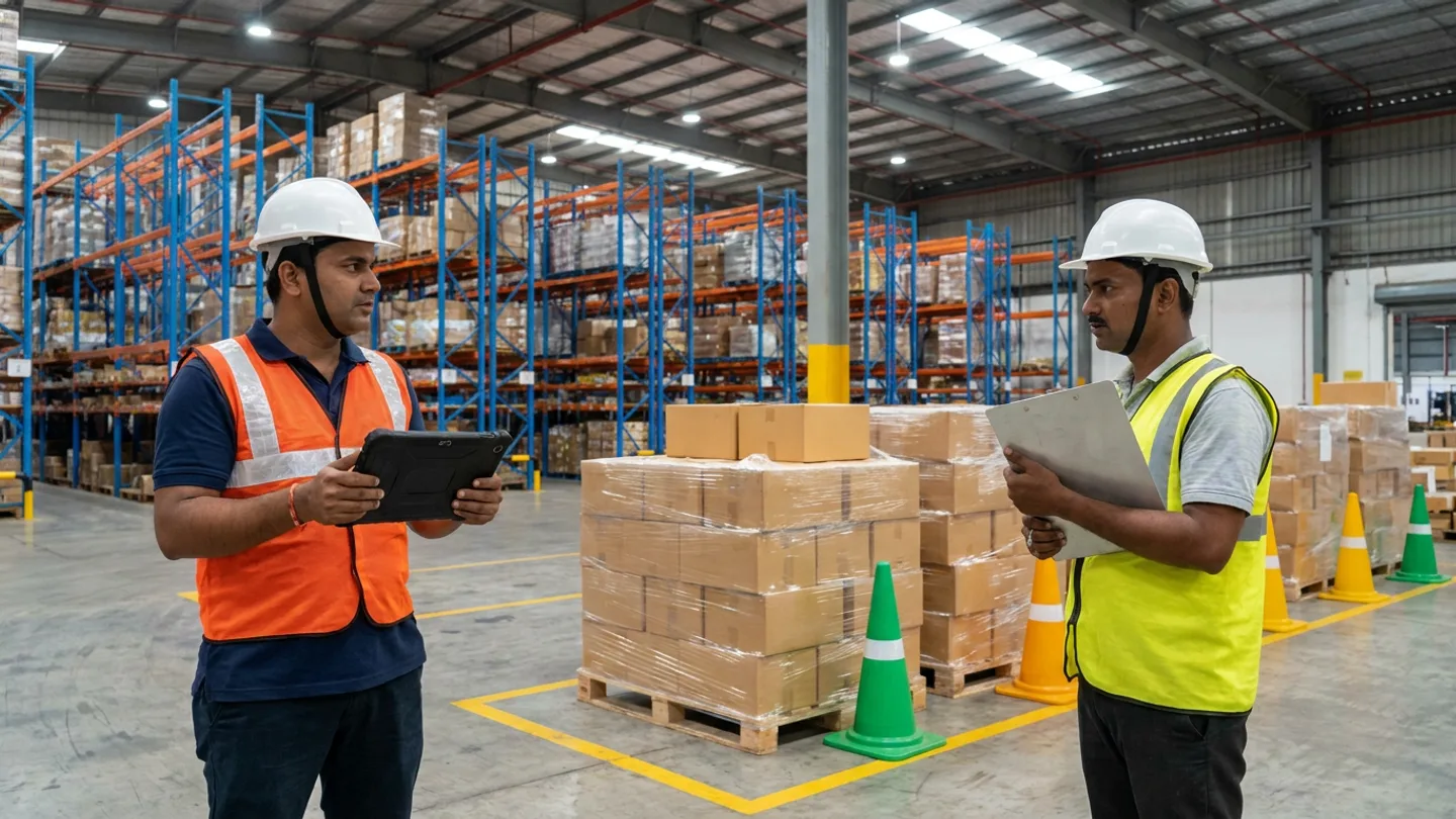 Two distribution allocation and inventory specialists in white hard hats and orange and yellow reflective vests holding a black rugged digital tablet and an aluminium clipboard beside yellow-bordered floor staging lanes with shrink-wrapped pallets of brown cartons, green and amber cones, and pallet racking.