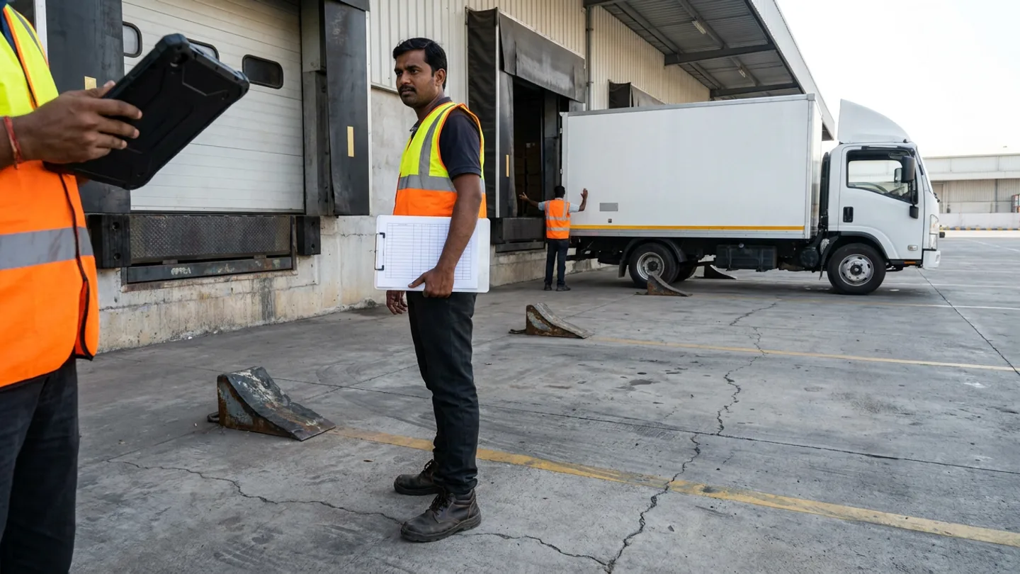 Warehouse staff with a tablet and ruled clipboard beside loading bays and a white box truck.