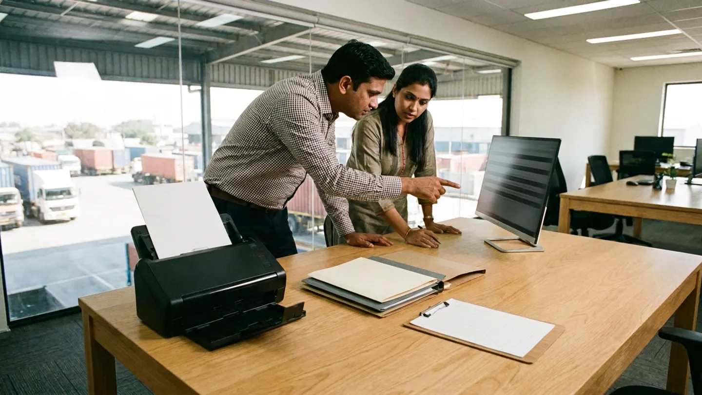 Two supply chain staff leaning over a wooden conference table with a desktop sheet-fed scanner holding a blank white sheet, three plain cream, grey, and brown folders, a blank ruled clipboard, and an out-of-focus monitor, with container trucks in the yard outside.