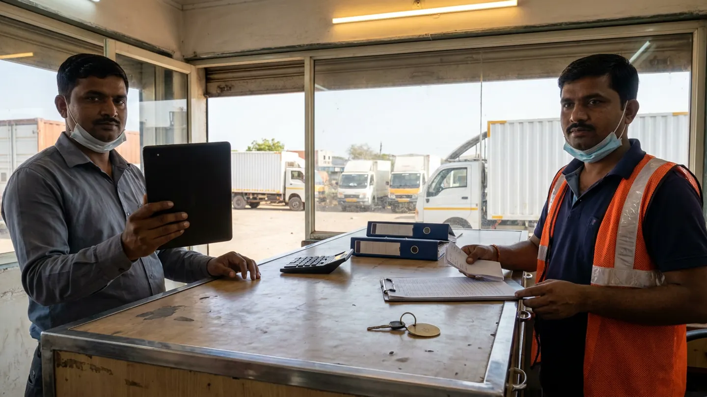 Two transport settlement and fleet staff in a grey shirt and an orange reflective vest holding a black digital tablet and paper slips beside a ruled clipboard, a black calculator, two navy binders, and a vehicle key on a wooden counter overlooking white box trucks in a yard.