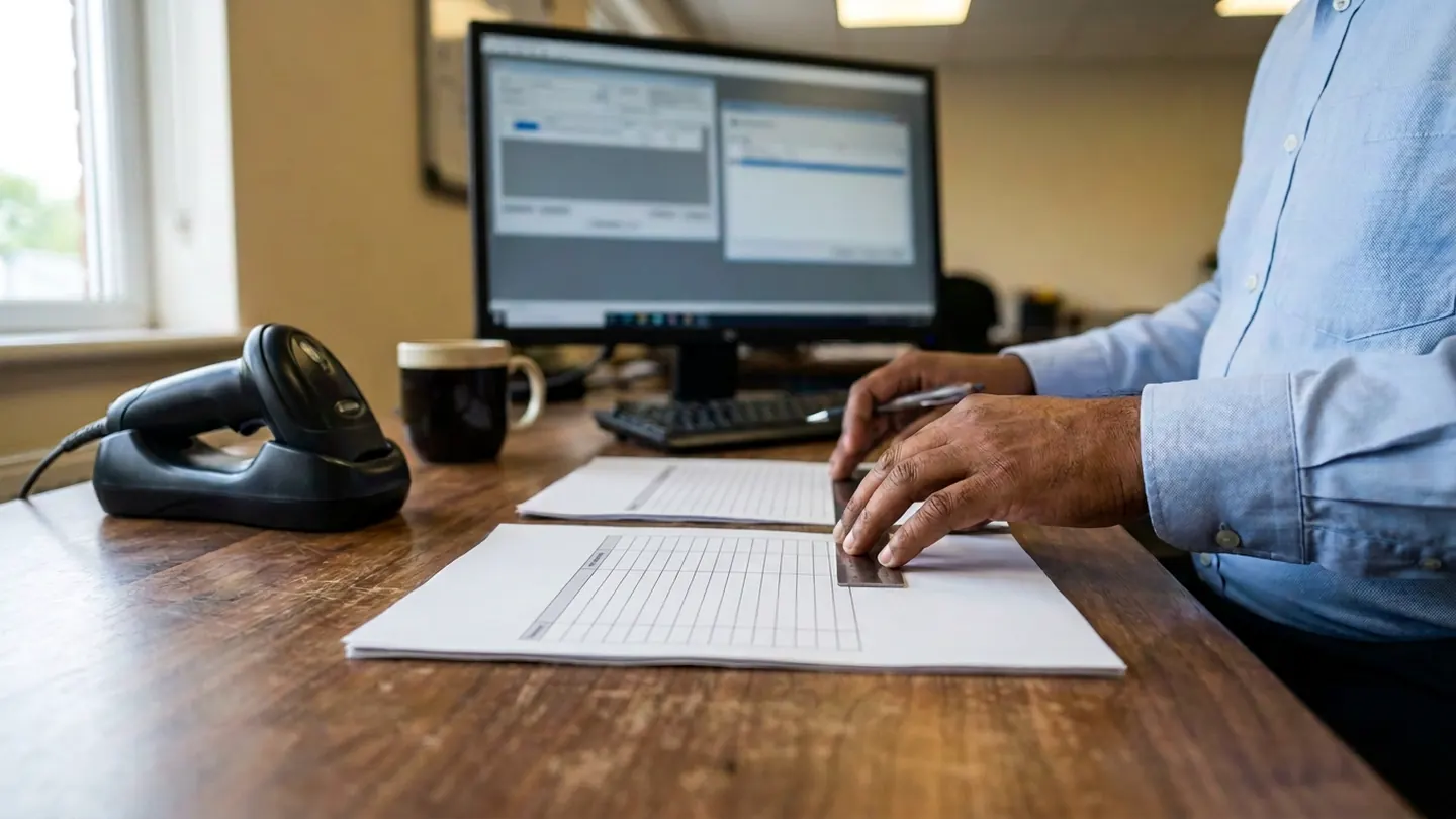 Finance specialist using a stainless-steel ruler and pen to compare two plain ruled paper forms beside a barcode scanner and desktop monitor.