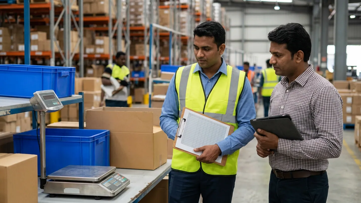 Two supply-chain staff standing beside a packing table with blue plastic totes, an open brown carton, and a stainless-steel parcel scale, one in a yellow reflective vest holding a blank ruled clipboard and the other holding a tablet, with pallet racking behind them.