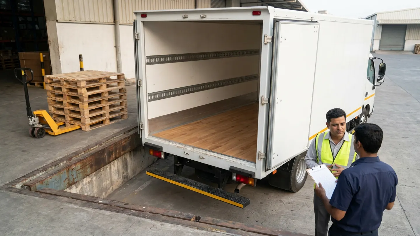Dispatch planner in a yellow reflective vest and a truck driver in a navy shirt consulting over a blank ruled clipboard beside the open rear doors of an empty white commercial box truck at a loading dock pit, with a stack of empty wooden pallets on a yellow pallet jack nearby.