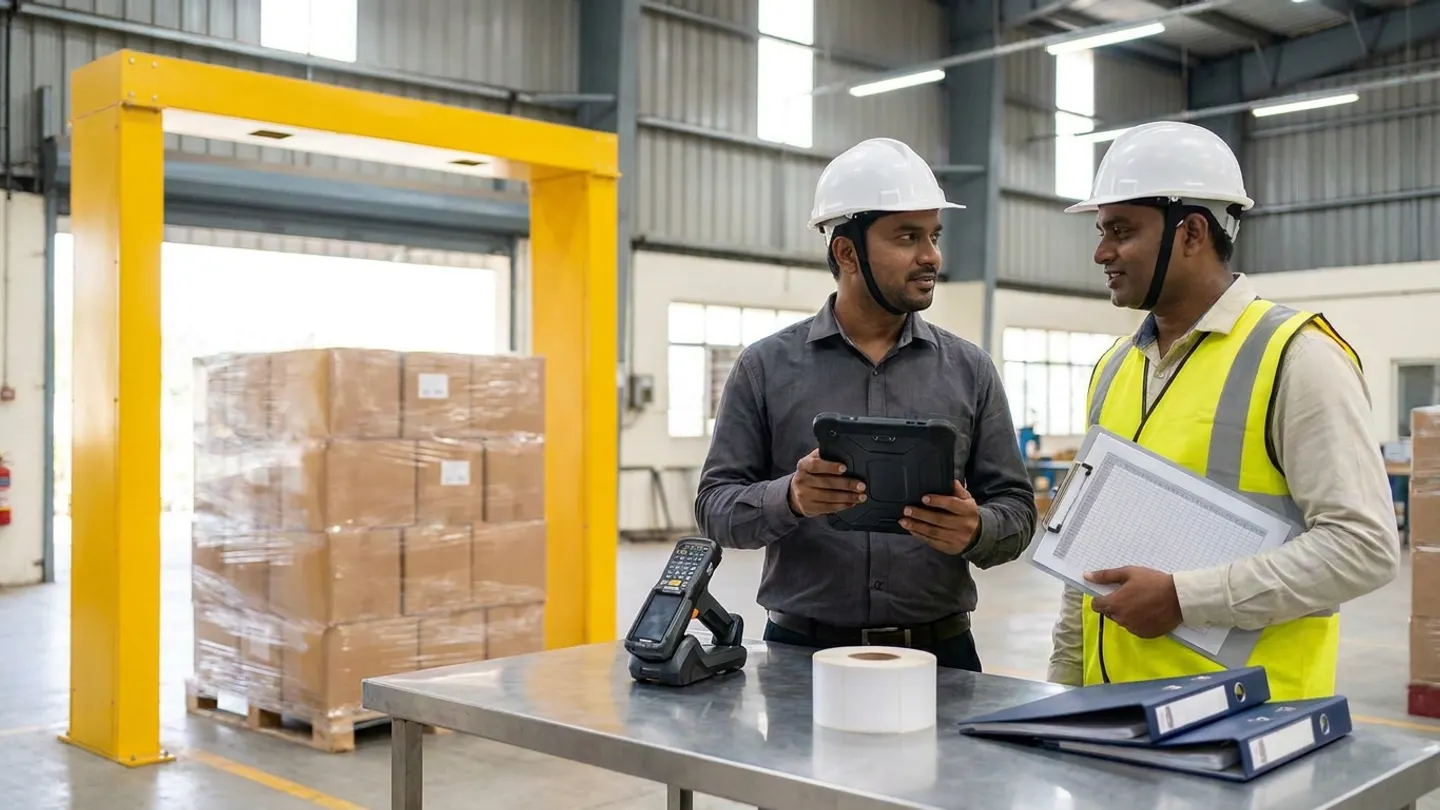 Two supply-chain traceability and warehouse operations leads in white hard hats, a charcoal shirt, and a yellow reflective vest holding a black rugged digital tablet and a ruled clipboard beside a stainless-steel table with a handheld scanner in its dock, a roll of white labels, and two navy binders in front of a yellow RFID portal archway and a shrink-wrapped pallet of brown cartons.
