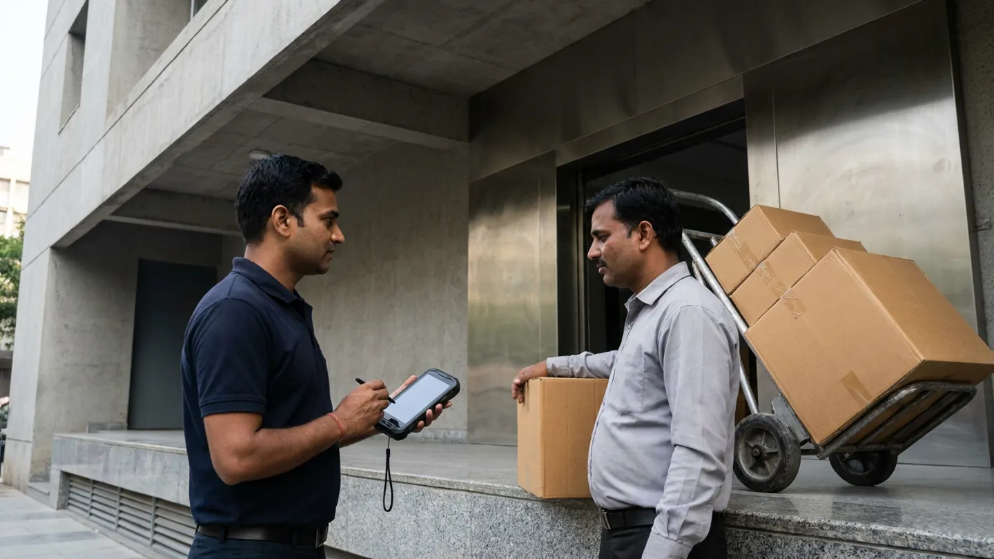 Field delivery technician at a commercial receiving bay holding a ruggedized handheld terminal and scanning a carton barcode label beside a stacked hand truck.