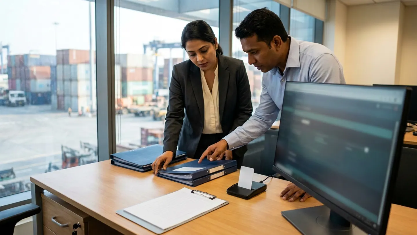 Two trade-compliance staff reviewing navy document folders at a desk with a blank ruled clipboard, smartcard reader and blurred monitor beside a window overlooking shipping containers.