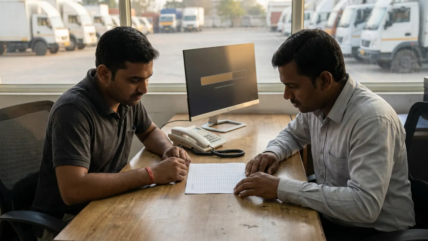 Two transport operations coordinators sitting at a wooden desk in front of a window overlooking a yard of parked white commercial trucks, reviewing a blank ruled sheet beside a landline telephone and an angled monitor showing an abstract amber progress bar.