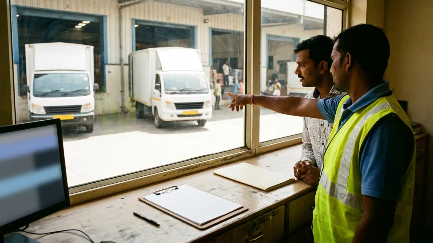 Two transport coordinators, one in a yellow reflective vest, beside a counter holding a blank ruled clipboard, a pen, a folder and a blurred monitor overlooking two white cargo trucks.