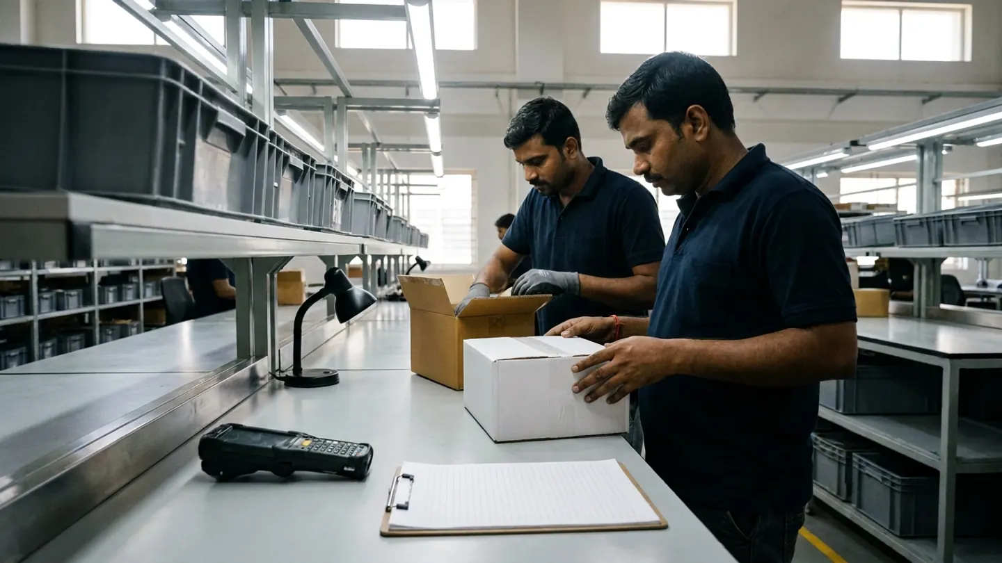 Two warehouse staff in navy polo shirts examining an open brown carton and a sealed white box at an inspection bench beside a handheld scanner, task lamp and blank ruled clipboard.