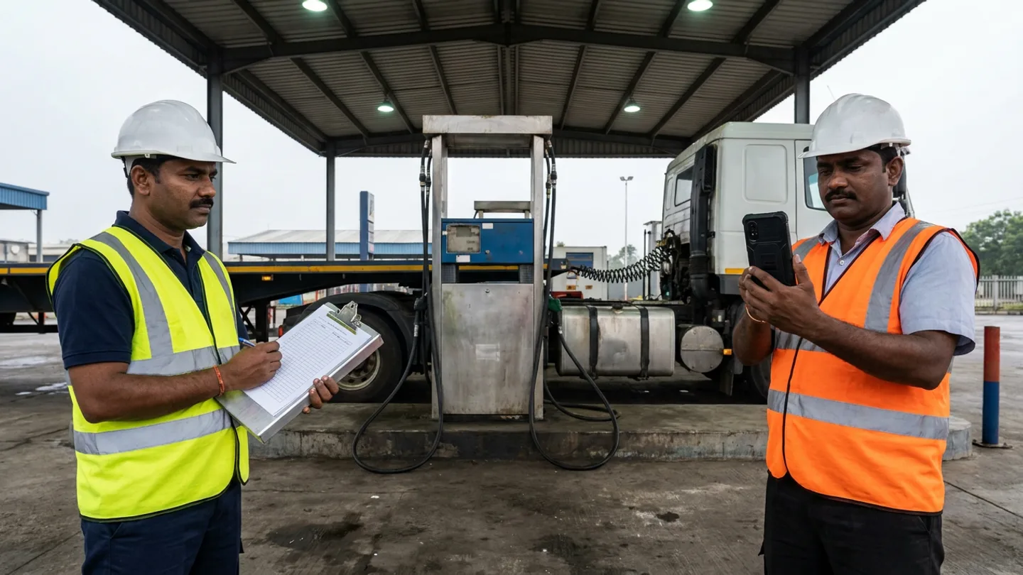 Two fleet operations specialists in white hard hats and yellow and orange reflective vests holding a ruled clipboard and a black rugged handheld terminal at a covered depot fuel island in front of a commercial diesel pump and the aluminium saddle fuel tank of a white freight truck.