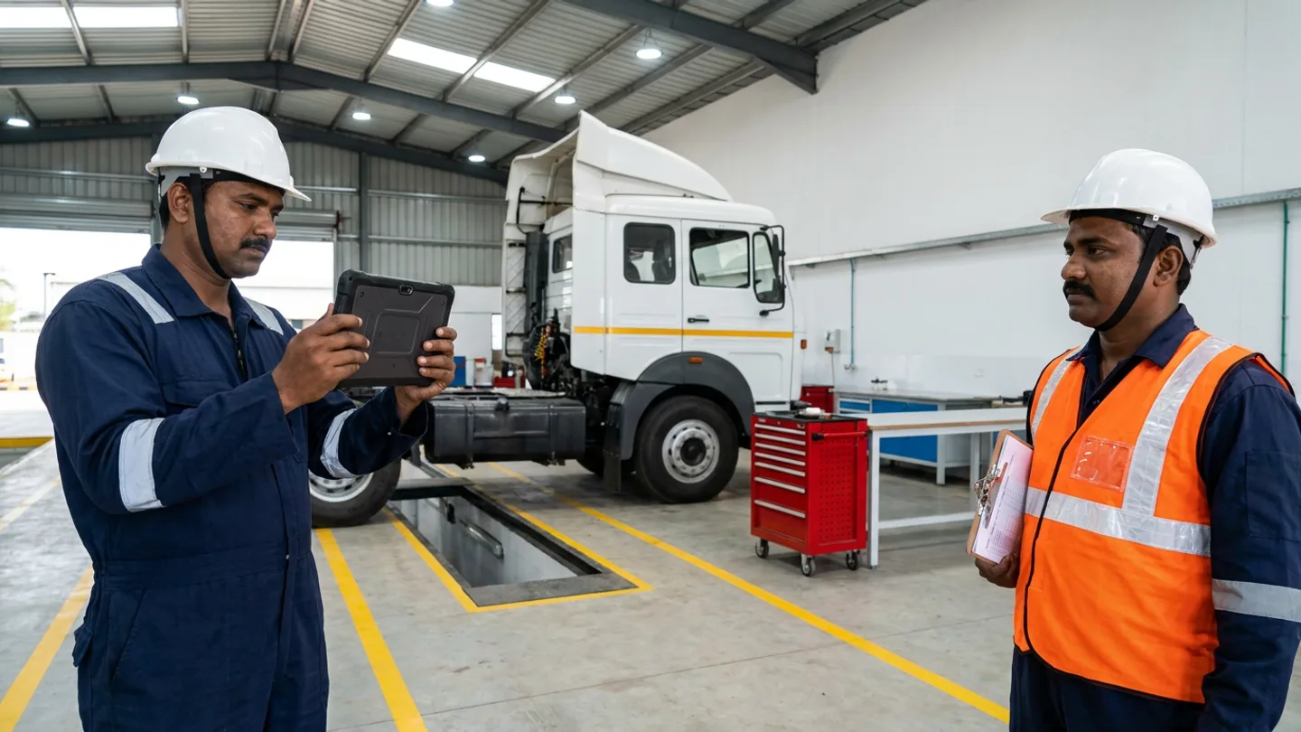 Two fleet maintenance planners in white hard hats, dark-navy coveralls, and an orange reflective vest holding a rugged diagnostic tablet and a ruled clipboard inside a service bay beside a white commercial tractor unit over a yellow-bordered inspection pit and a red rolling tool cabinet.